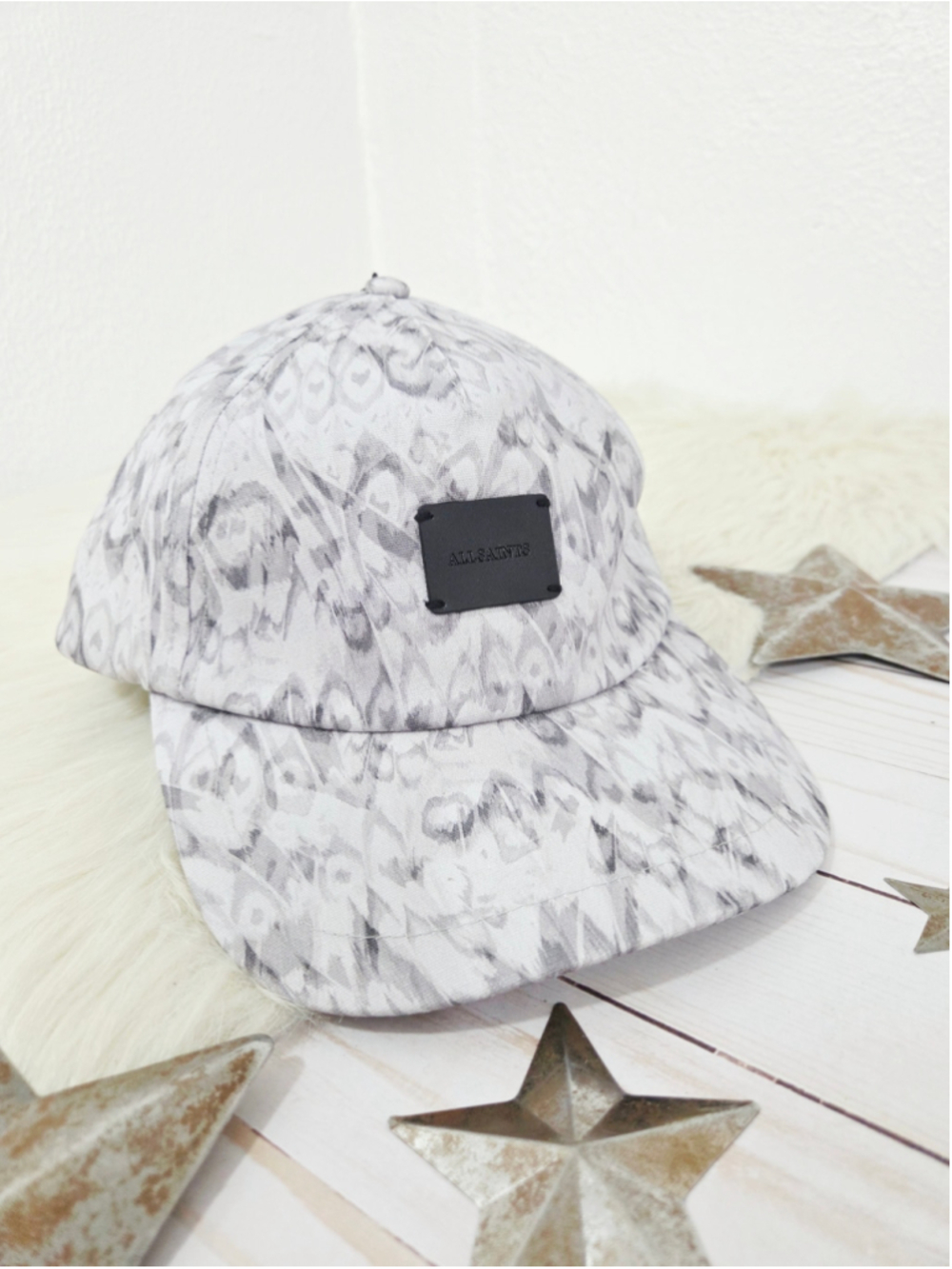 Allsaints printed cotton canvas baseball cap marbled gray patch logo hat new NWT